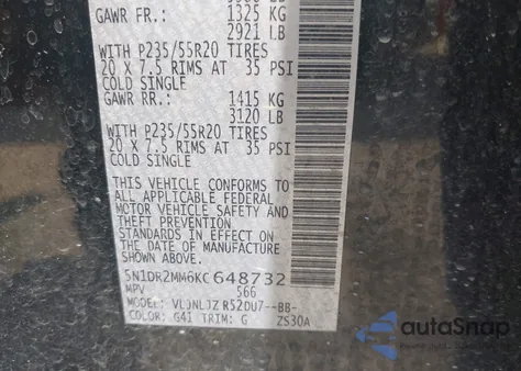 2019 Nissan Pathfinder Platinum from USA, damaged, VIN 5N1DR2MM6KC648732